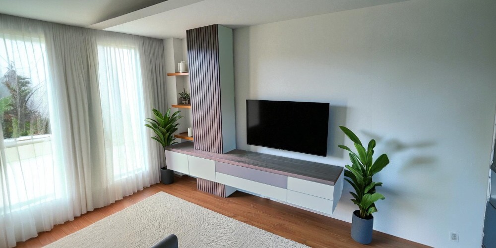 TV kast met houten latten en speakerdoek op maat gemaakt. Noten houten latten in een verticale kast vormen een mooie combinatie met het horizontale deel. Een mnoten houten blad , speakerdoek op kleur en gespoten fronten maken deze TV kast op maat een eyecatcher