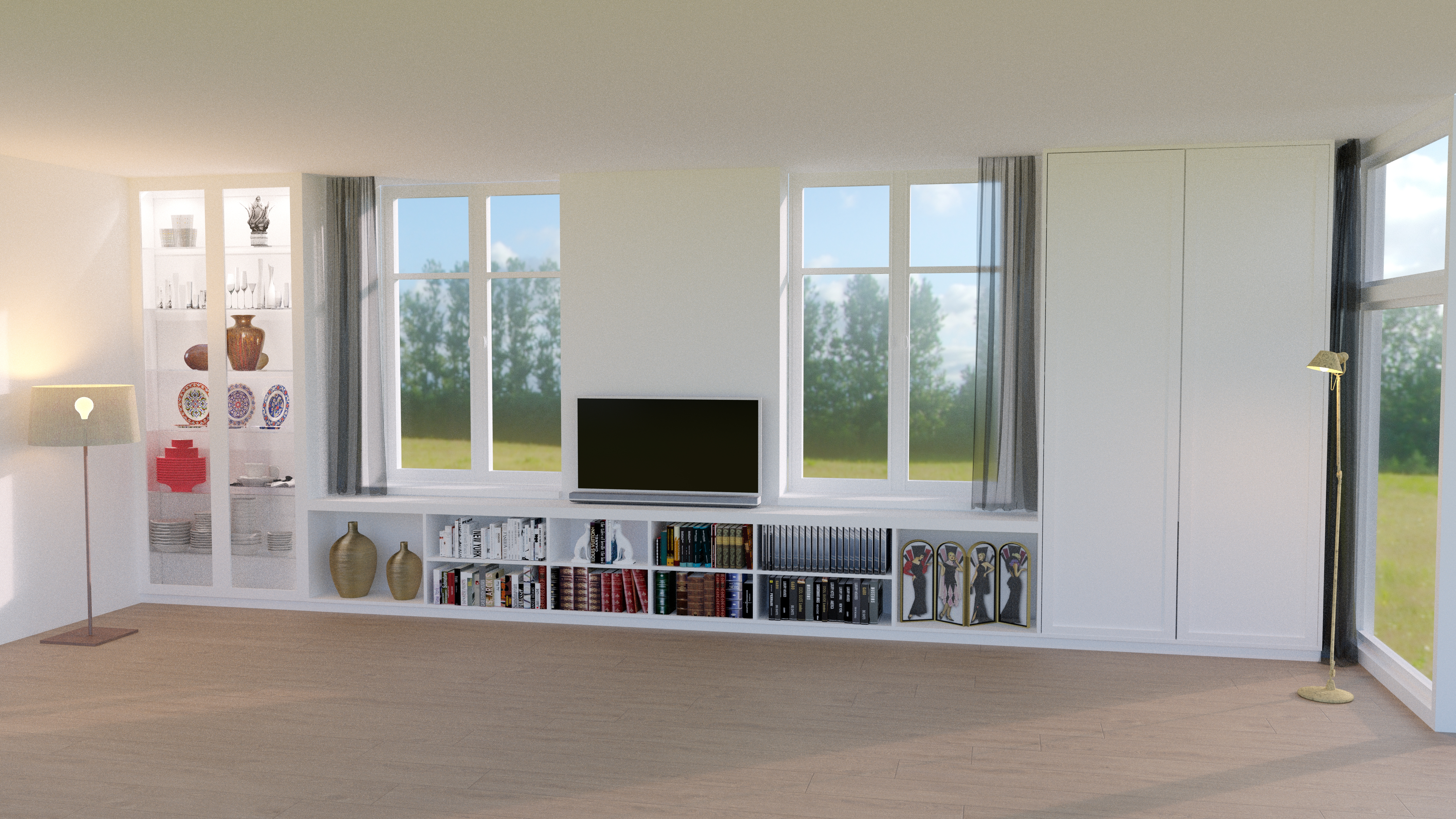 Rendertekening voor een op maat gemaakt wandmeubel met een vitrinekast, een plek voor boeken en de TV.